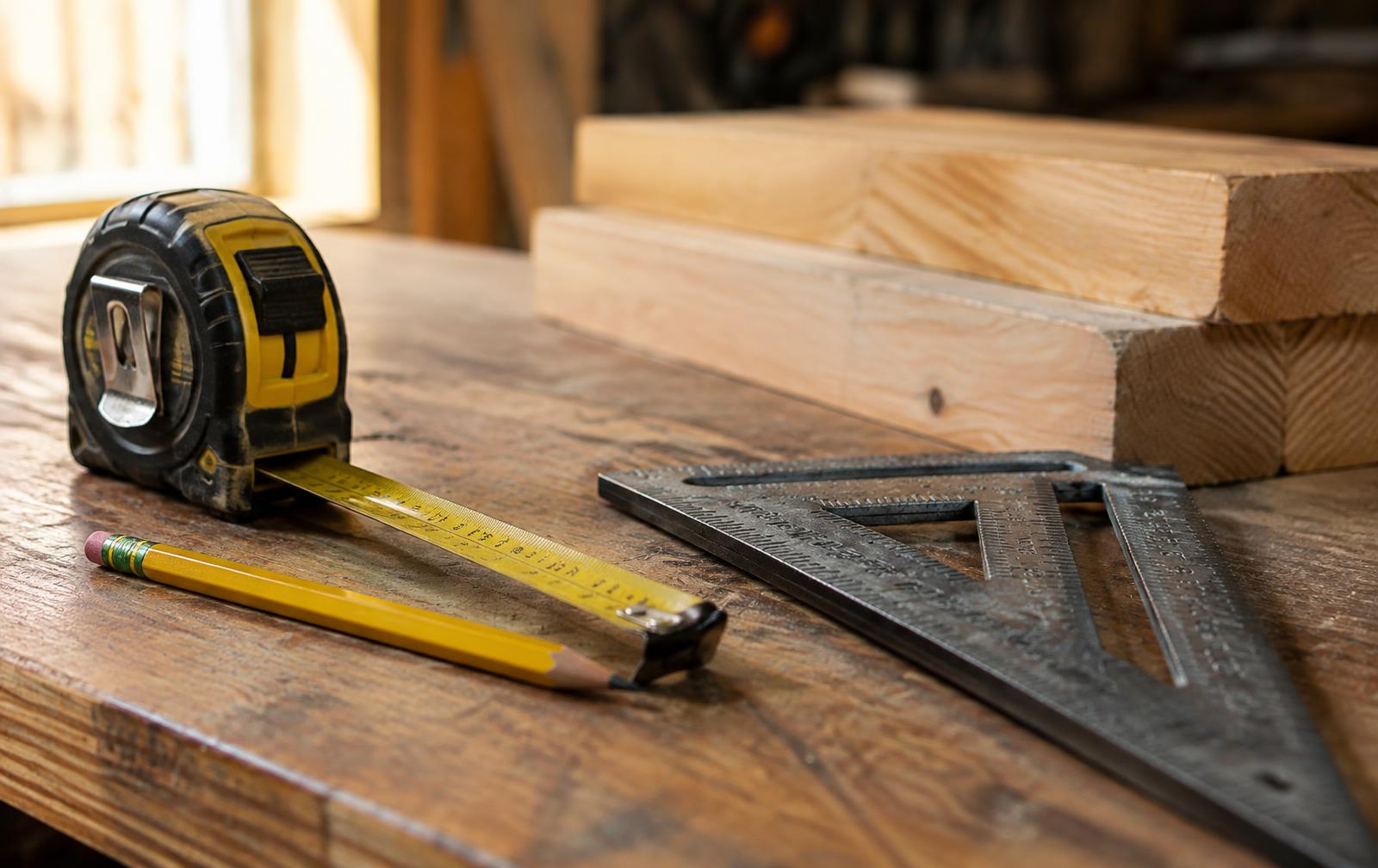 Tape measure, pencil and framing square on a wooden workbench beside fresh lumber